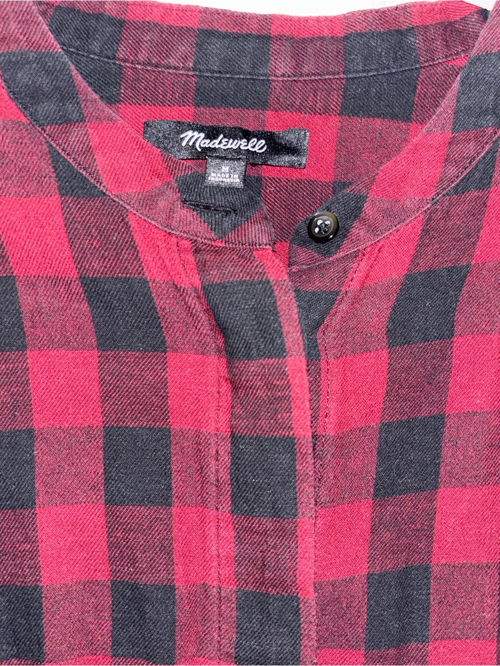 Madewell Red Check Plaid Lakeside Peplum Button Blouse Size Medium Linen Blend - Picture 2 of 4